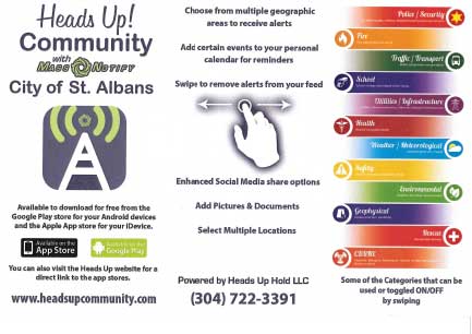 City of St. Albans & Heads Up Community Collaborate to Provide Community Notifications to St. Albans Residents 2 Heads Up! Community App - St. Albans, WV