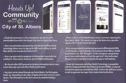 City of St. Albans & Heads Up Community Collaborate to Provide Community Notifications to St. Albans Residents 1 Heads Up! Community App Alerts in St. Albans, West Virginia