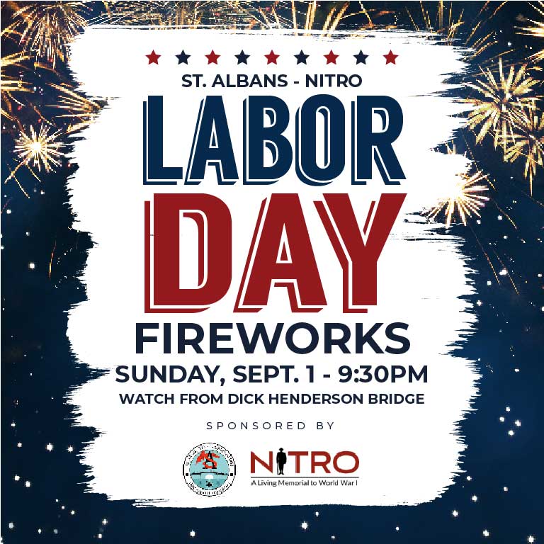 Join us for Labor Day Fireworks in St. Albans, WV, on Sept 1 at 9:30 PM! Watch from the pedestrian-only Dick Henderson Bridge. Fireworks launched from Roadside Park.