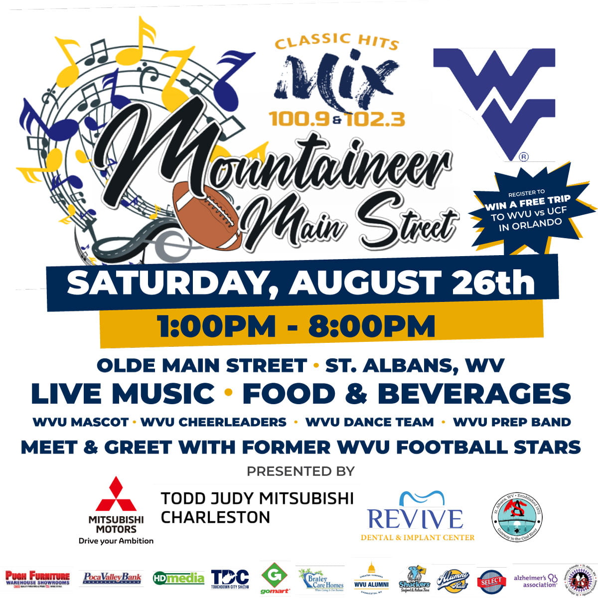 Get ready, Mountaineer fans! We're painting Olde Main Street in St. Albans, WV, blue and gold for the Mountaineer Main Street block party on August 26, 2023, from 1:00PM to 8:00PM. This is the ultimate celebration of Mountaineer spirit, and it's FREE for everyone!