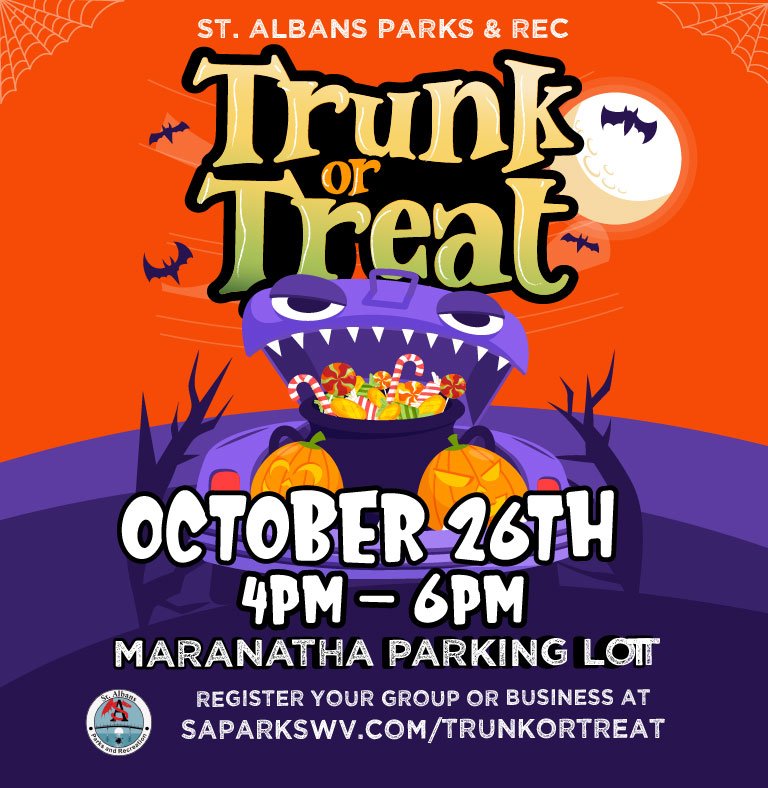 Join us for Trunk or Treat 2024 in St. Albans on October 26, 4-6 pm! A fun, safe Halloween event with decorated trunks and candy. Register to participate!