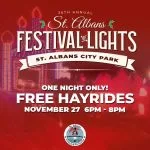 Experience free hayrides through the St. Albans Festival of Lights on Nov. 27! Shuttle from St. Albans High School to City Park for a magical holiday evening.