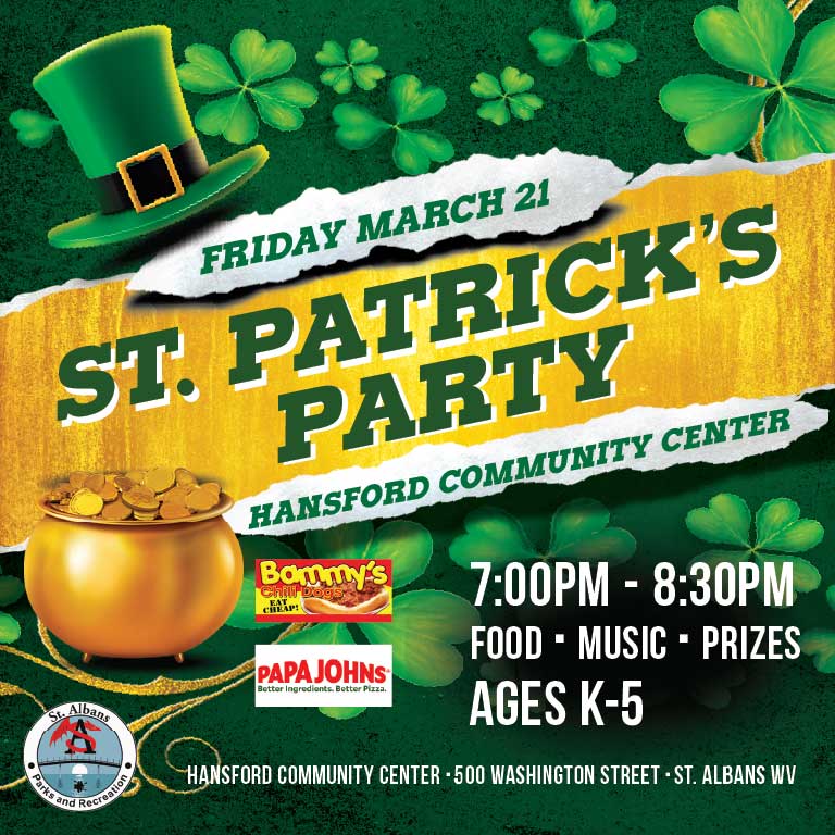 Kids in grades K-5 are invited to a St. Patrick’s Party at Hansford Center on March 21, 7-8:30 PM! Free games, music, chili dogs & pizza.