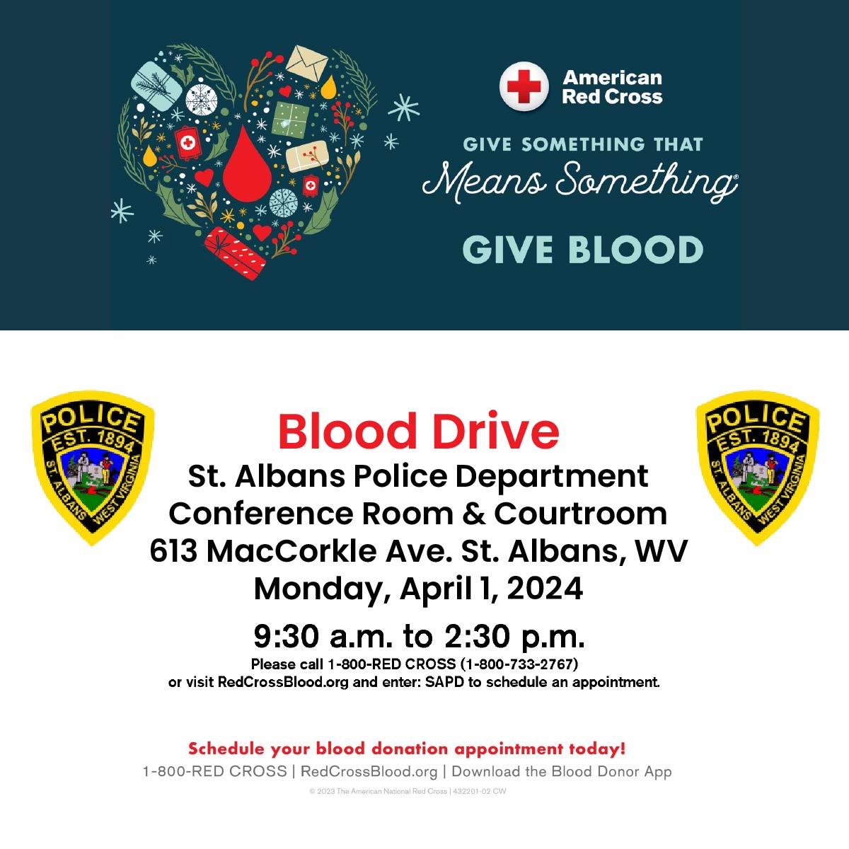 Red Cross Blood Drive St. Albans WV - April 1, 2024 - SAPD