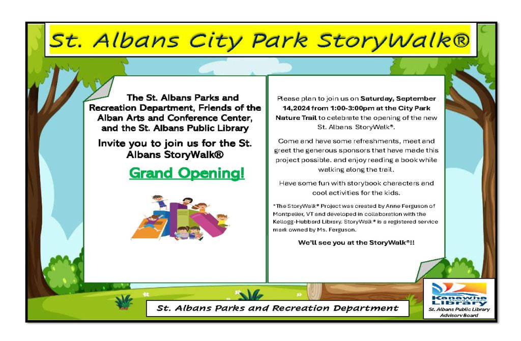 Join us for the StoryWalk® grand opening at St. Albans City Park on Sept 14, 1-3 PM! Enjoy a literacy adventure outdoors.