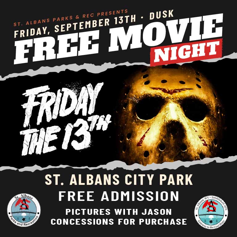 Experience a spine-chilling Free Movie Night with "Friday the 13th" at St. Albans City Park on September 13, 2024. Concessions and photo ops available!