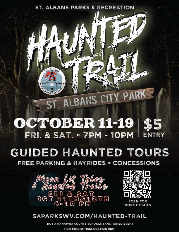 Experience spooky fun at the 2024 St. Albans Haunted Trail, Oct 11-12 & 18-19, 7-10 PM at City Park Nature Trail. Haunted tours, free hayrides, movies, & more!