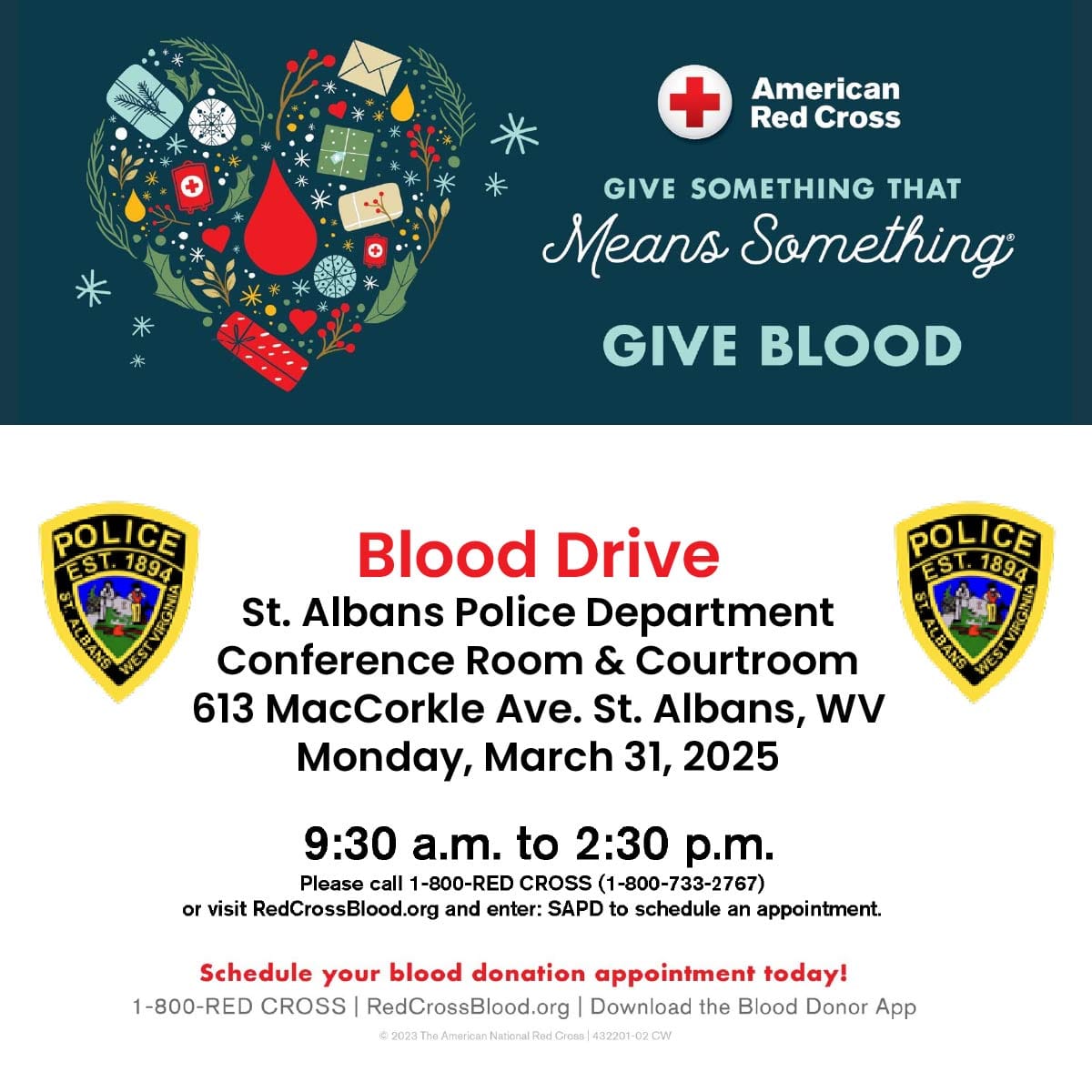 Join the SAPD Blood Drive on March 31, 2025, at 613 MacCorkle Ave, St Albans, WV. Save lives by donating blood!