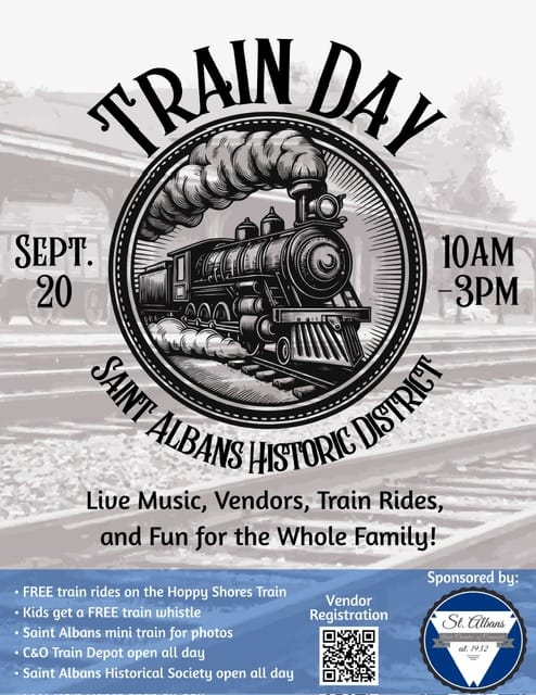 St. Albans Train Day Festival 2025 1 Celebrate St. Albans Train Day 2025 on Sept. 20 with free train rides, kids’ activities, live music, vendors, and tours at the Historic Train Depot District.