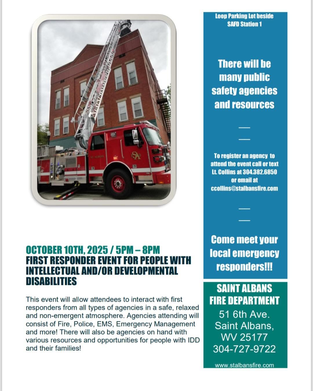 St. Albans Fire Department ladder truck extended beside Station 1 promoting the First Responder Event for people with Intellectual and Developmental Disabilities.