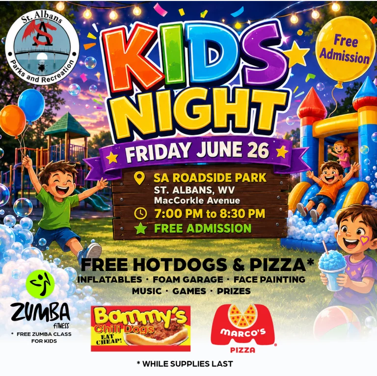 Join St. Albans Parks & Recreation for Kids Night at SA Roadside Park on June 26 with free admission, games, music, foam, face painting, and food while supplies last.
