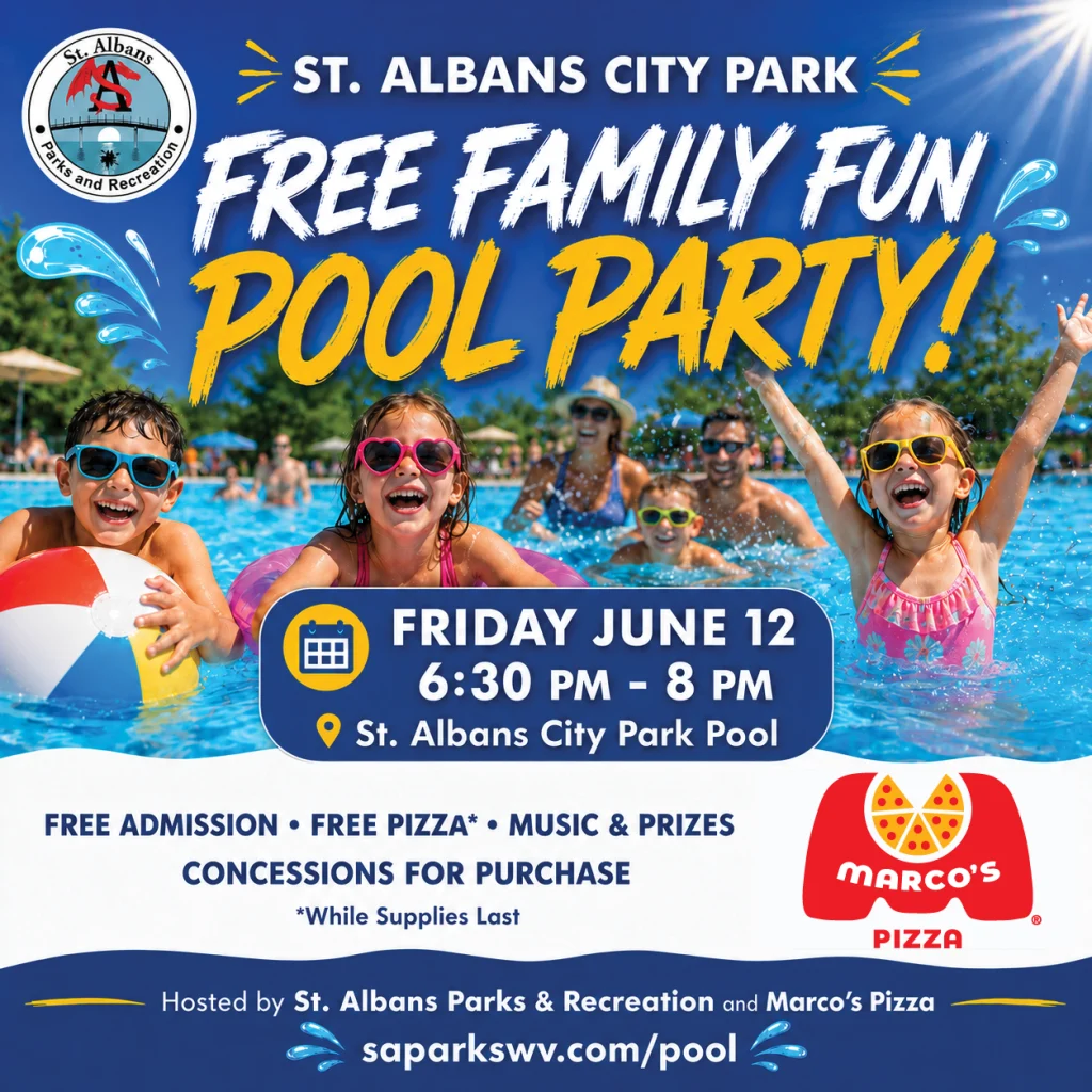 Join St. Albans Parks & Recreation and Marco’s Pizza for the first Free Family Fun Pool Party on Friday, June 12 from 6:30 PM to 8 PM at the St. Albans City Park Pool.