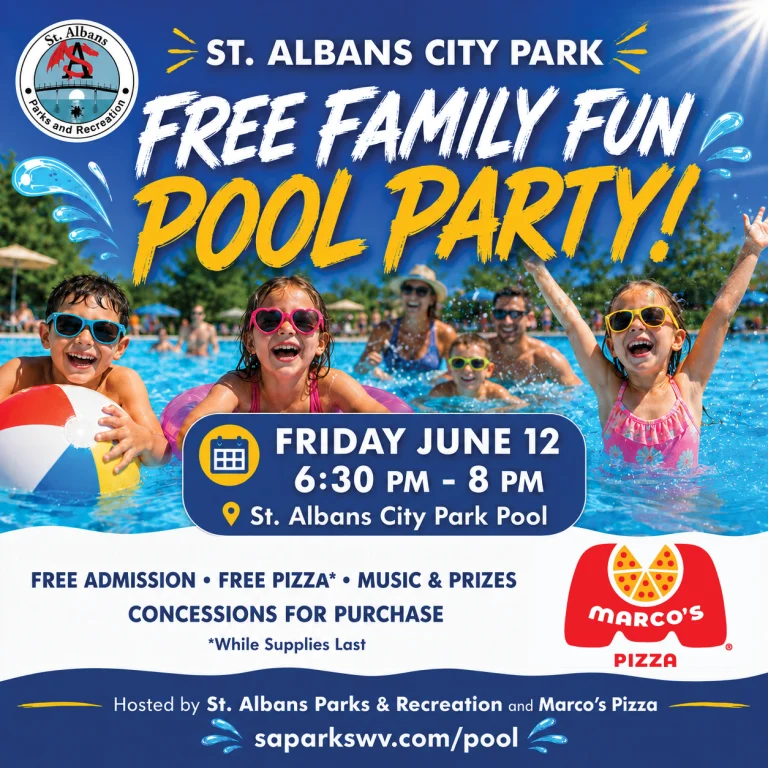 Join St. Albans Parks & Recreation and Marco’s Pizza for the first Free Family Fun Pool Party on Friday, June 12 from 6:30 PM to 8 PM at the St. Albans City Park Pool.