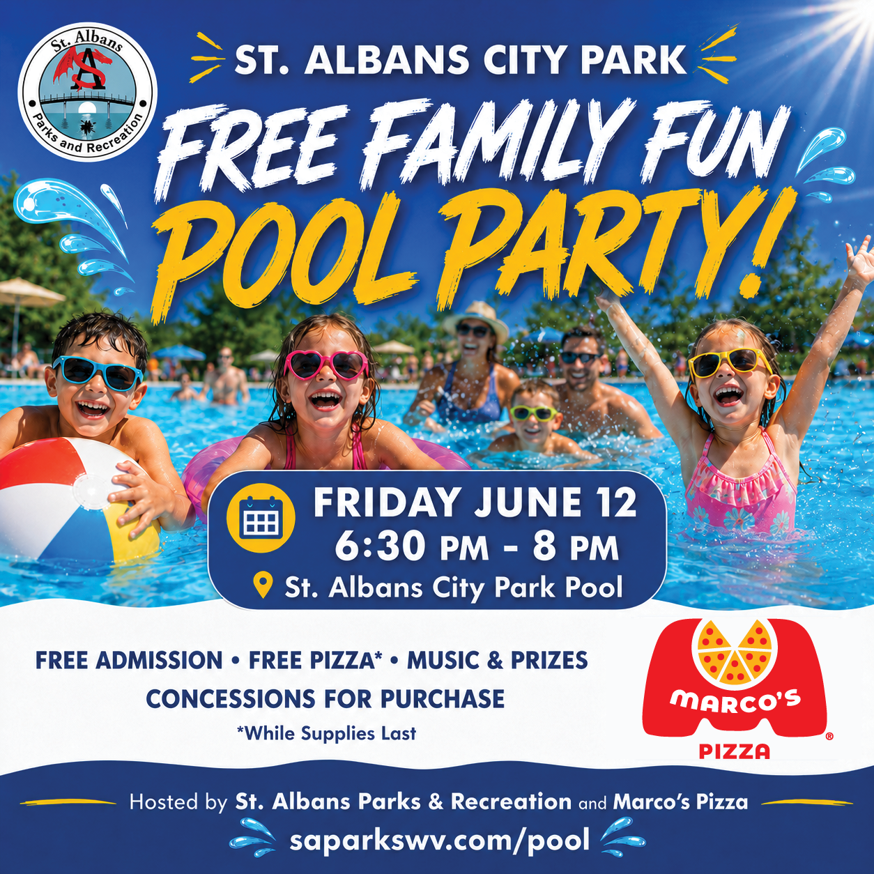 Join St. Albans Parks & Recreation and Marco’s Pizza for the first Free Family Fun Pool Party on Friday, June 12 from 6:30 PM to 8 PM at the St. Albans City Park Pool.