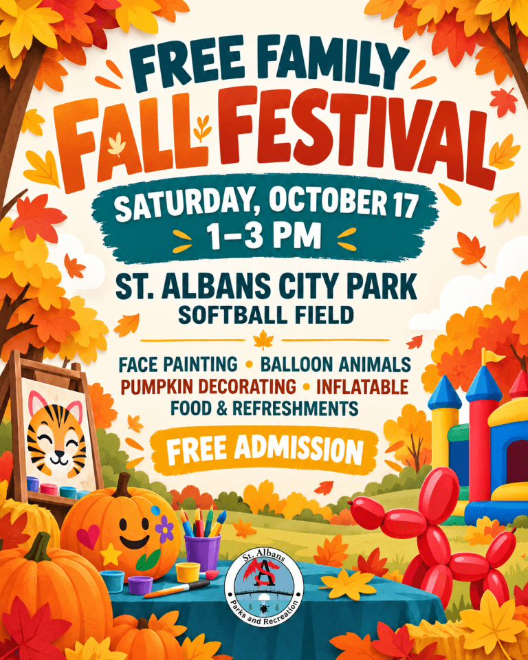 Free Family Fall Festival flyer: Saturday, October 17, 1 to 3 p.m., St. Albans City Park softball field, free admission
